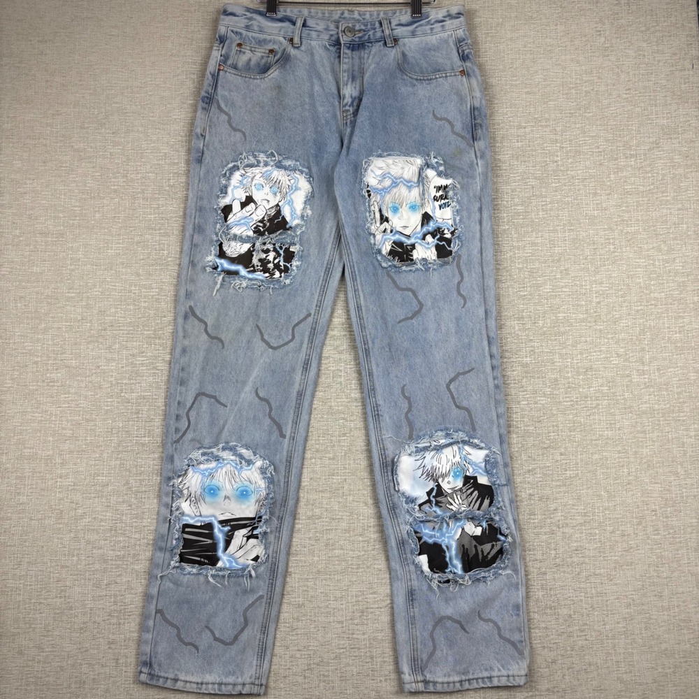 Mens Anime Graphic Upcycled Distressed Light Washed Faded Jeans Blue 32x34